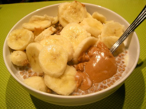 Bran Buds with a nanner and peanut butter