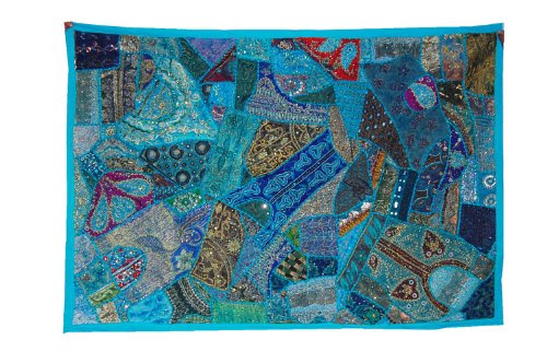 Best Reviews of Decorative Indian Wall Hanging With Graceful Sequins Beads Mirrors, Zari Silk Thread Embroidery  &  Multicolor Old Sari Patchwork Good Condition Tapestry, 152 X 101 Cm