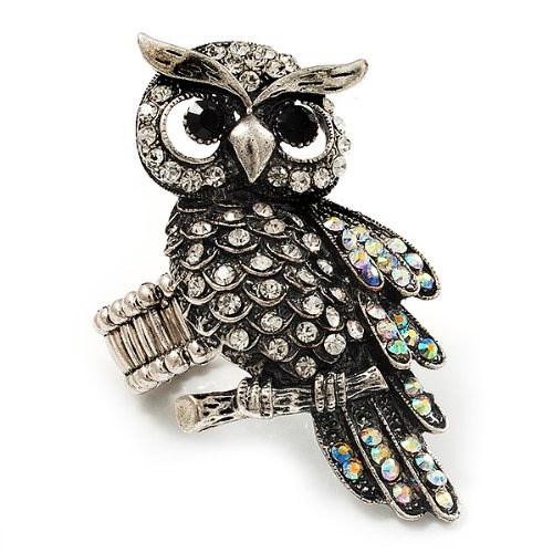  Jolie Bague Extensible Chouette Argent Vieilli Diamanté