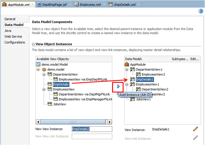 Data Model tab of AppModule.xml file. EmpDetails is selected in the Available View Objects pane and cursor is pointing to the arrow ready to shuttle it into the Data Model pane.