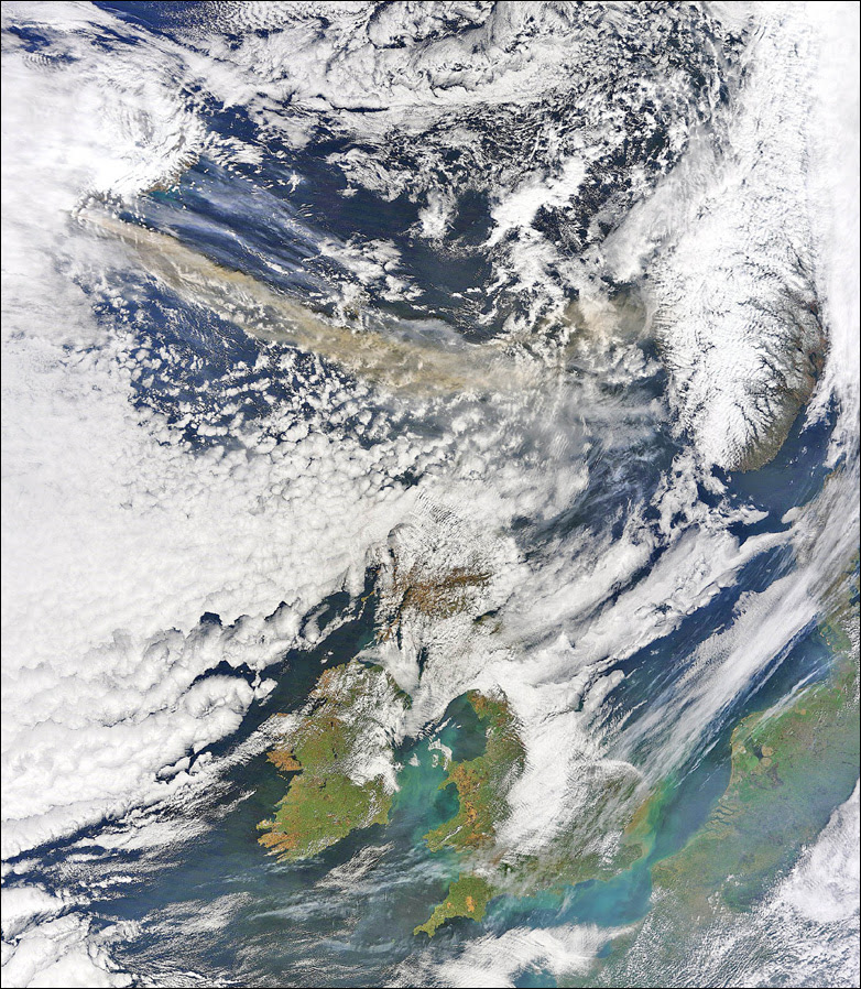 the volcanic ash plume from Iceland, top left, to the north of Britain at received by NASA