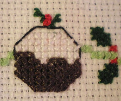 Cross Stitch Christmas Pudding and Holly