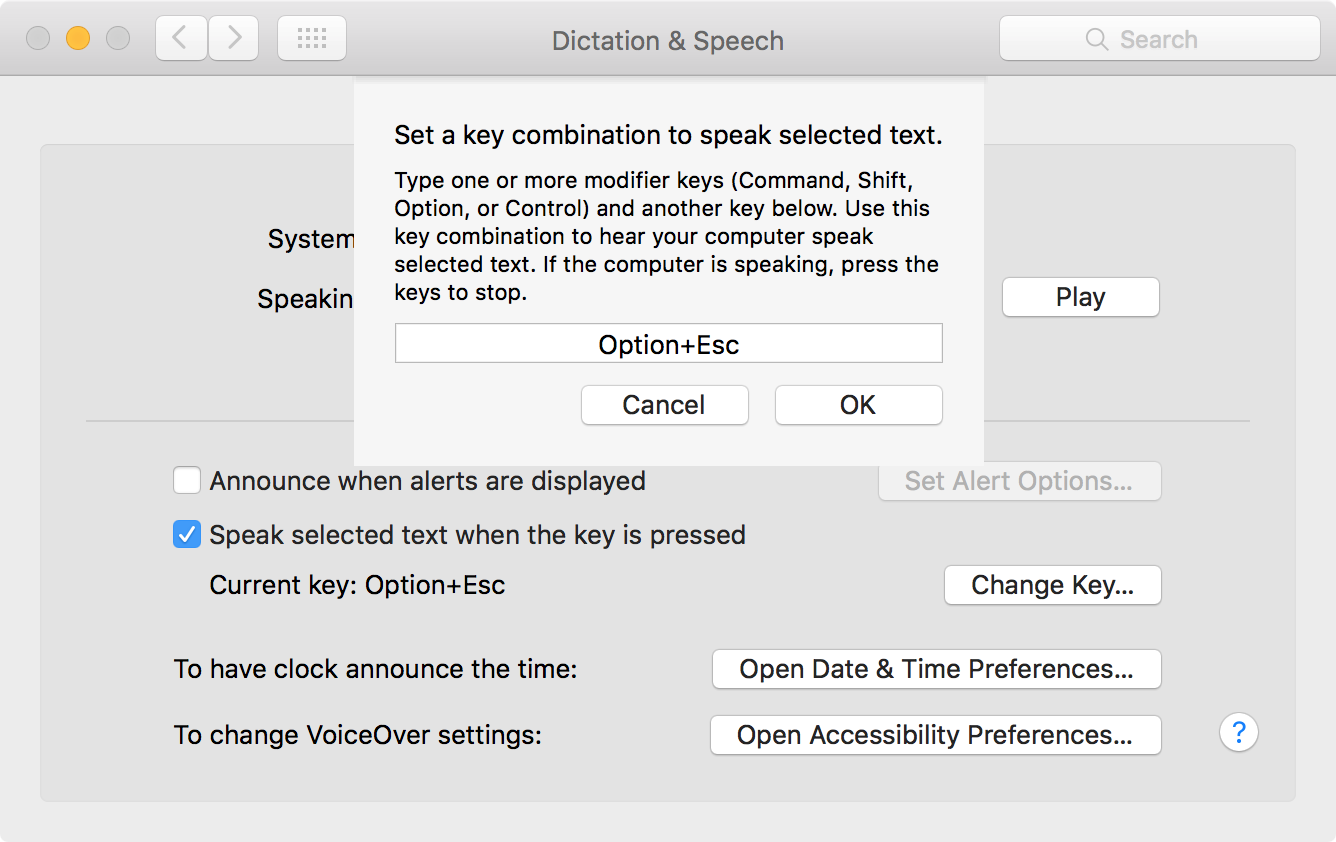 OS X speak selection change keyboard shortcut