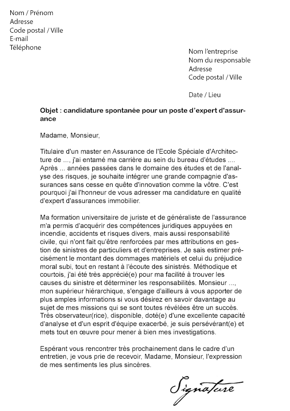 Lettre de motivation Expert d'assurances - Modèle de Lettre