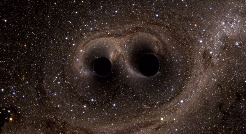 Impresión artística de los dos agujeros negros colisionando