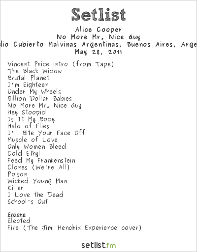 Alice Cooper Setlist Estadio Cubierto Malvinas Argentinas, Buenos Aires, Argentina 2011, No More Mr. Nice Guy
