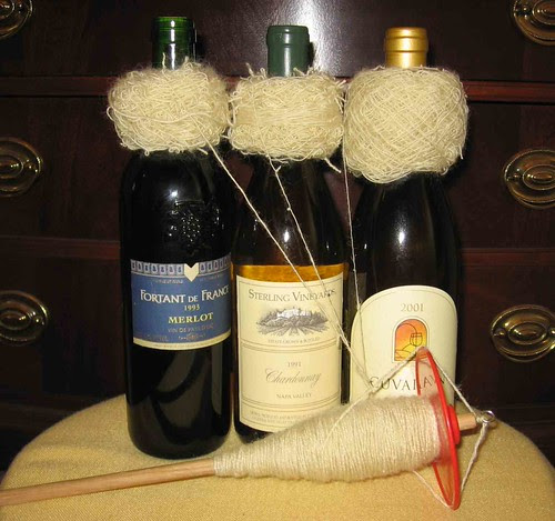 Wine bottles used as plying stand