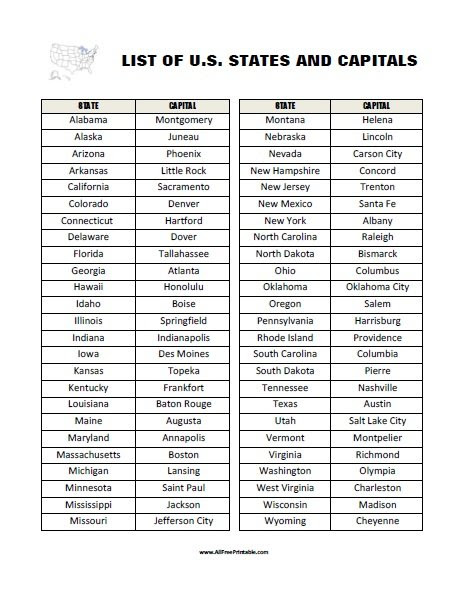 List Of Us States And Capitals Free Printable