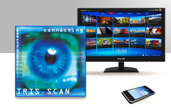 Graphic illustration showing a computer monitor, a smart phone and an eye scanner display