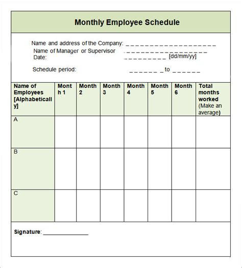  printable monthly work schedule template