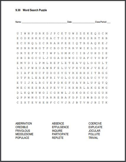  vocabulary terms 930 word search puzzle student handouts