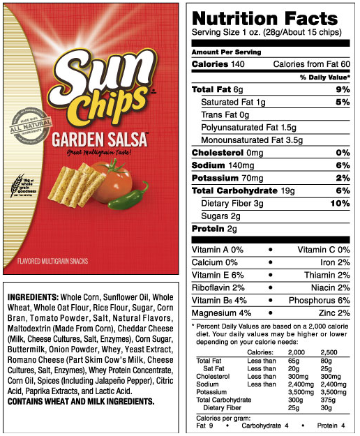 Nutrition Facts-Sun Chips - Health 100