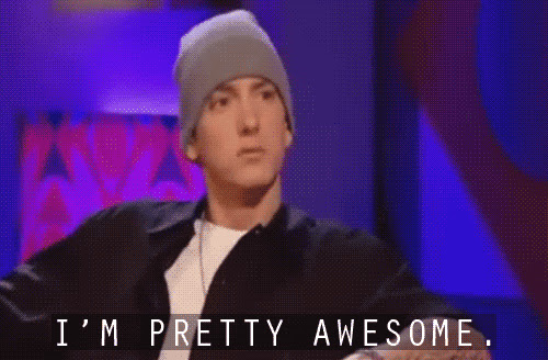 eminem likes to wear those little gray hats he also likes to say "i'm pretty awesome" on talk shows in gifs