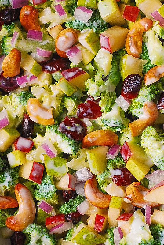 creamy broccoli salad, healthy meals, healthy broccoli salad, cashew salad with veggies and fruits