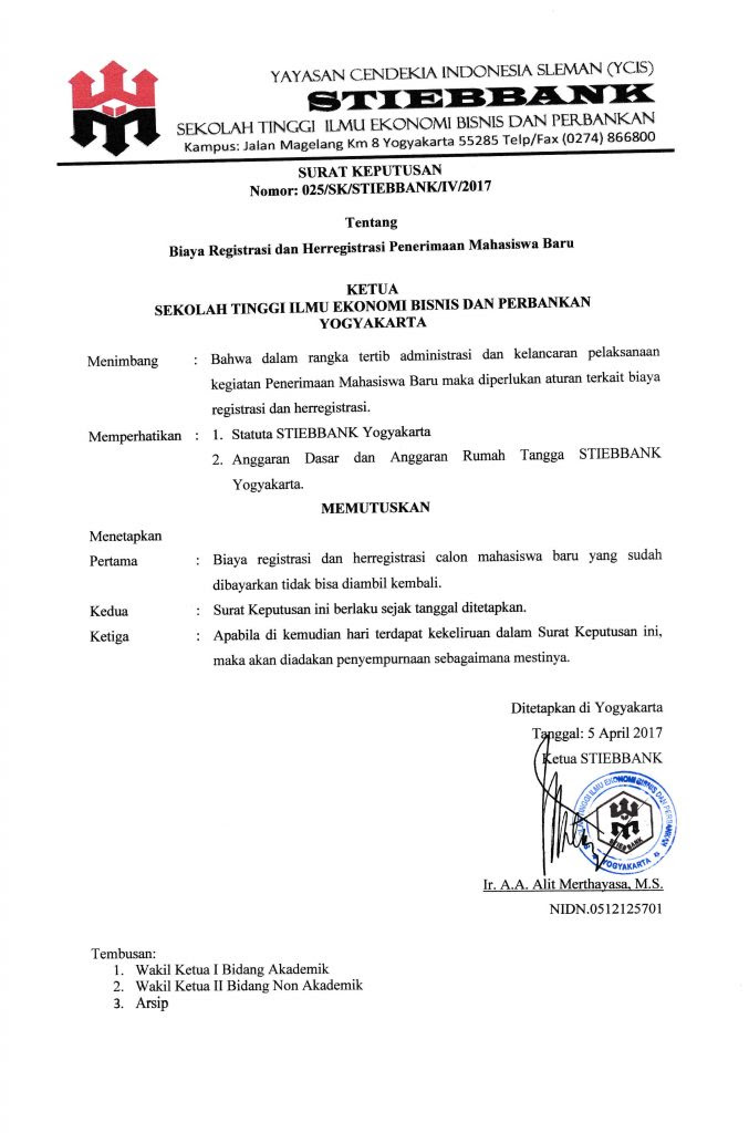 Surat Keputusan Biaya Penerimaan Mahasiswa Baru  Indonesia Banking School