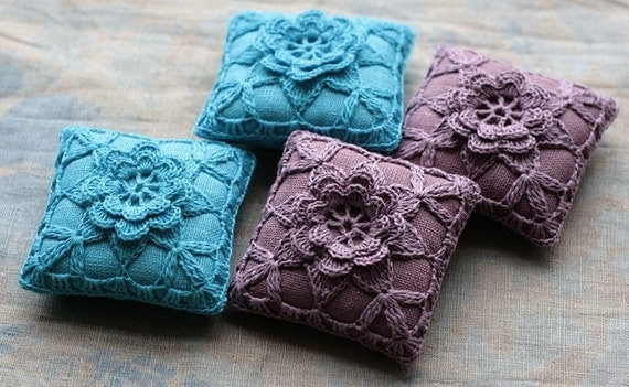 Linen  pincushion - crochet motif