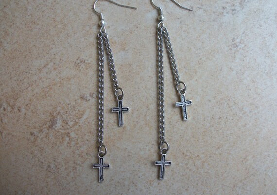 Double Cross Silver Chain Earrings