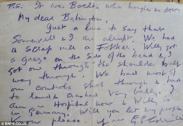 Dropping a line: The chivalrous German visited the British observer Lt Geoffrey Formilli in hospital, and then incredibly undertook a perilous mission to drop a note from Formilli over his Squadron's HQ to let them know he was alive