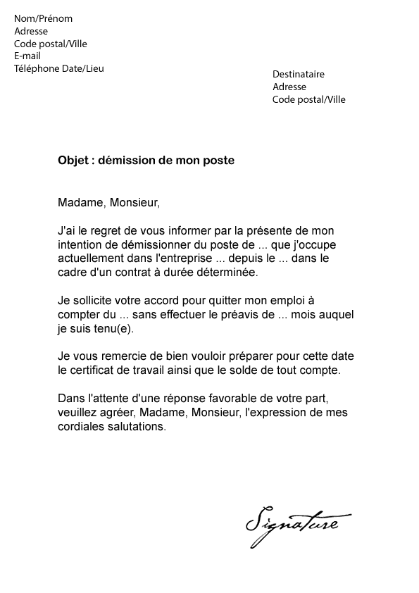 Lettre De Demission Pour Cdi