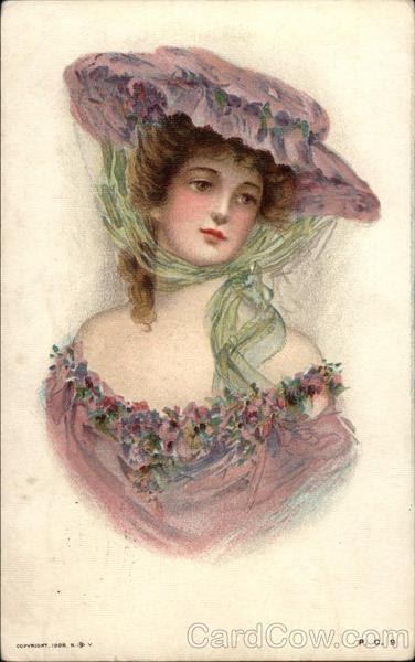 Women in Flower-Trimmed Dress Wearing Big Hat Advertising