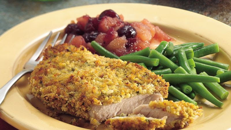Oven-Fried Pork Chops with Cranberry Applesauce recipe from Betty Crocker