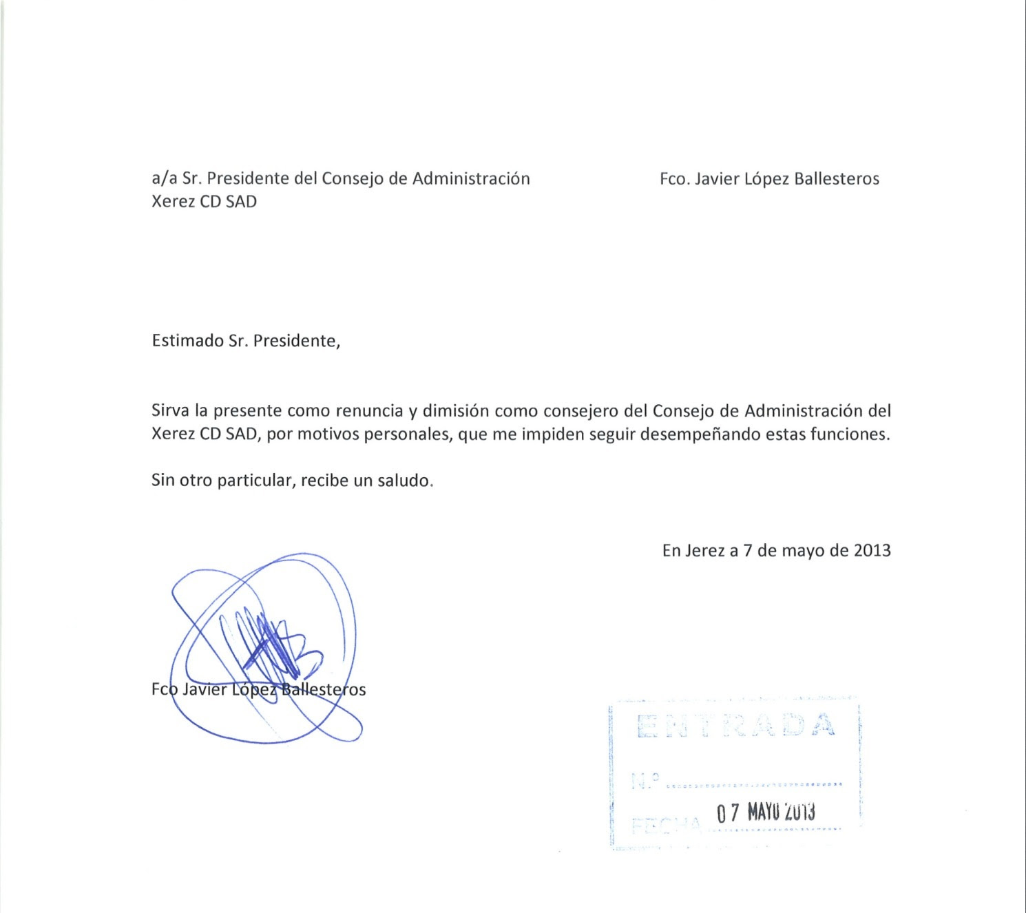 Carta de dimisión de López Ballesteros y Mateos angulo 
