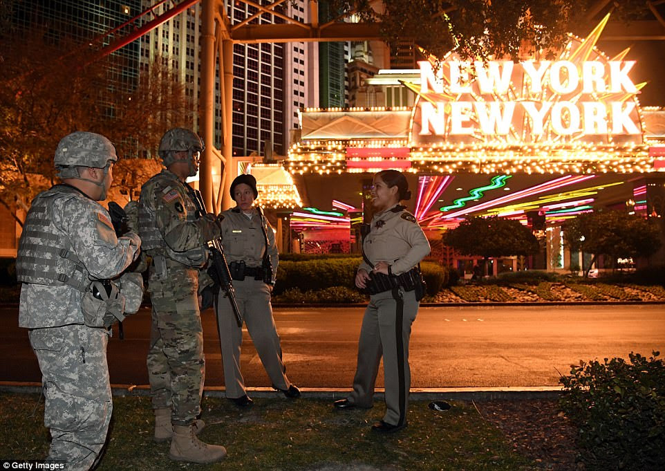 The amped-up security comes just a few months after the October mass shooting. State officials said they more than doubled the normal number of National Guard personnel working on New Year's Eve to 360 to join 1,500 on-duty Las Vegas Metropolitan Police Department officers along with spotters, snipers and federal resources