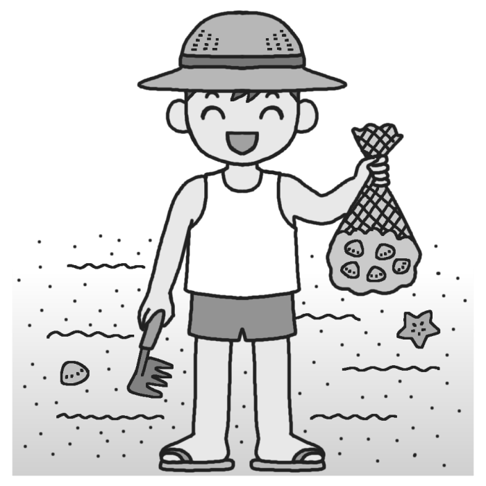 潮干狩り2 モノクロ 釣りの無料イラスト 夏の季節素材