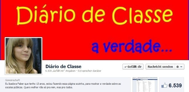 Reprodução da página "Diário de Classe", criada por estudante de 13 anos de Santa Catarina