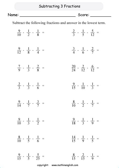 Find worksheets about subtraction skills fraction math. printable primary math worksheet for math grades 1 to 6 based on the