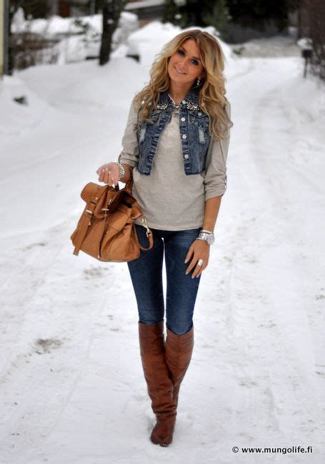 denim vest brown boots purse tiny jean