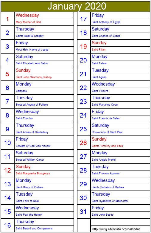 January 2020 - Roman Catholic Saints Calendar