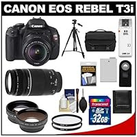 Canon EOS Rebel T3i Digital SLR Camera Body & EF-S 18-55mm IS II Lens with 75-300mm III Lens + 32GB Card + .45x Wide Angle & 2x Telephoto Lenses + Battery + Remote + Filters + Tripod + Accessory Kit