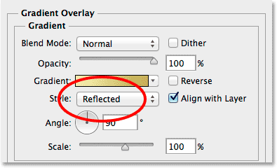 Changing the gradient Style option to Reflected. Image © 2014 Photoshop Essentials.com