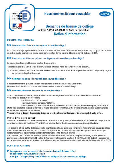 AperÃ§u Formulaire Cerfa No 12539-04 : Demande de bourse de collÃ¨ge