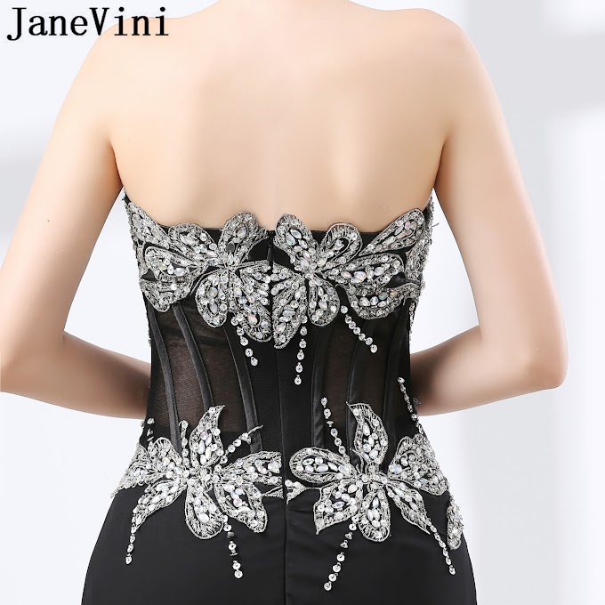 [Purchase] JaneVini Custom Crystal Long Evening Dresses Mermaid Beaded Sequins Party Gowns Sexy Split Women Formal Wear Black lange jurken