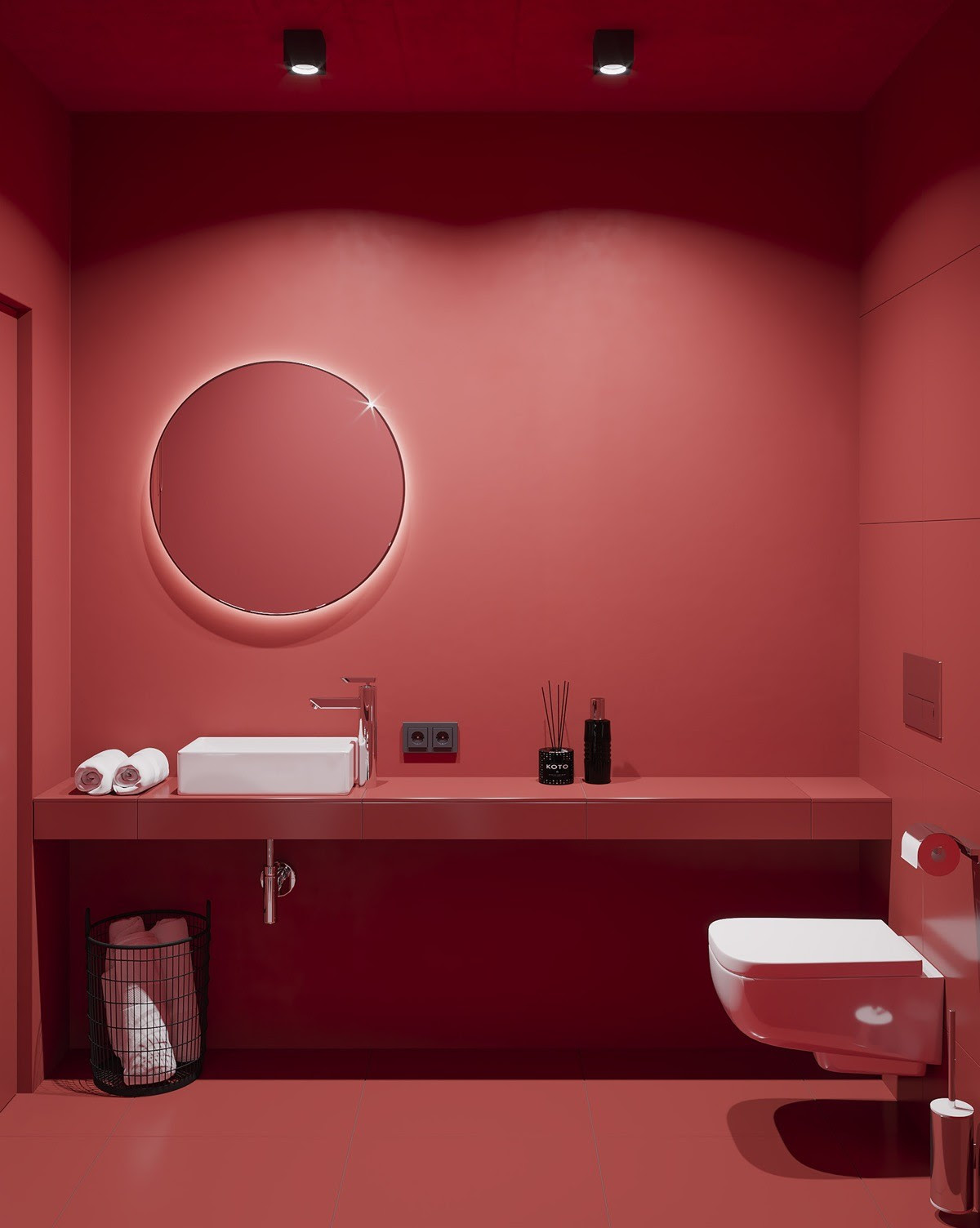 Ideas To Decorate A Bathroom / Creative Ideas To Decorate The Bathrooms / This minimal, rustic bathroom makes the best out of the least amount of decor possible, with a wooden ladder for the towels, a concrete floor, and open wood vanity.
