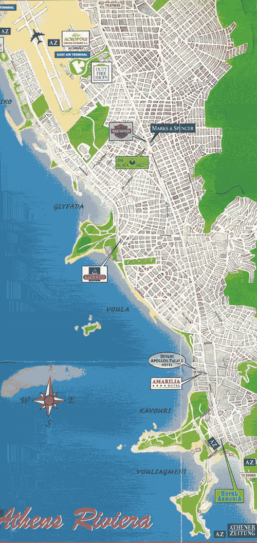 Map Greater Athens Greece Beaches of the Near Saronic Gulf. The airport has 
