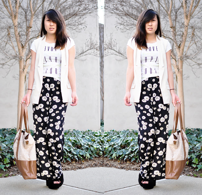 A California based personal style blog: wearing: Zara "I love nice people who make cool things" t-shirt, thrifted daisy printed pants, Silent & Noise oversized sleeveless blazer via Urban Outfitters, black velvet flatforms via Free People, oversized Ecote sherpa tote via Urban Outfitters