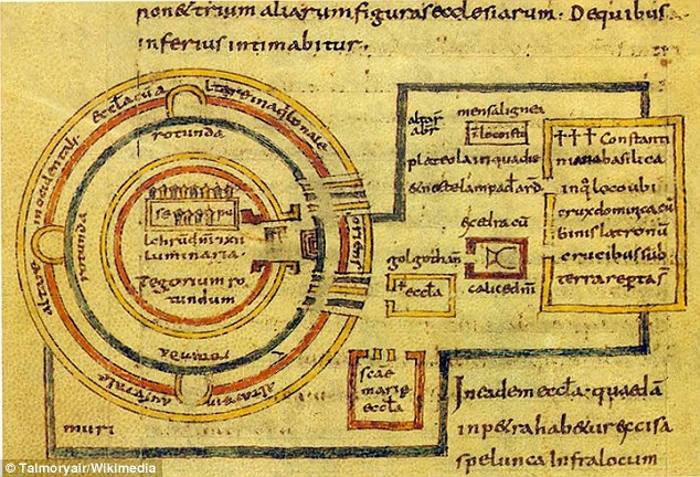 The key piece of evidence linking the site to Jesus is pilgrim text called ‘De Locus Sanctis’ written in 670 AD by abbot Adomnàn of Iona (pictured) It was supposedly based on a pilgrimage made to Nazareth and talks about a church ‘where once there was the house in which the Lord was nourished in his infancy'