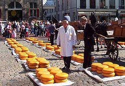 Wheels of Gouda cheese on sale at Gouda's cheese market