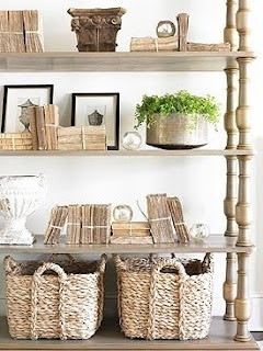 Bookcase styling vintage French themed-soft items to fill in bookcase and make it interesting