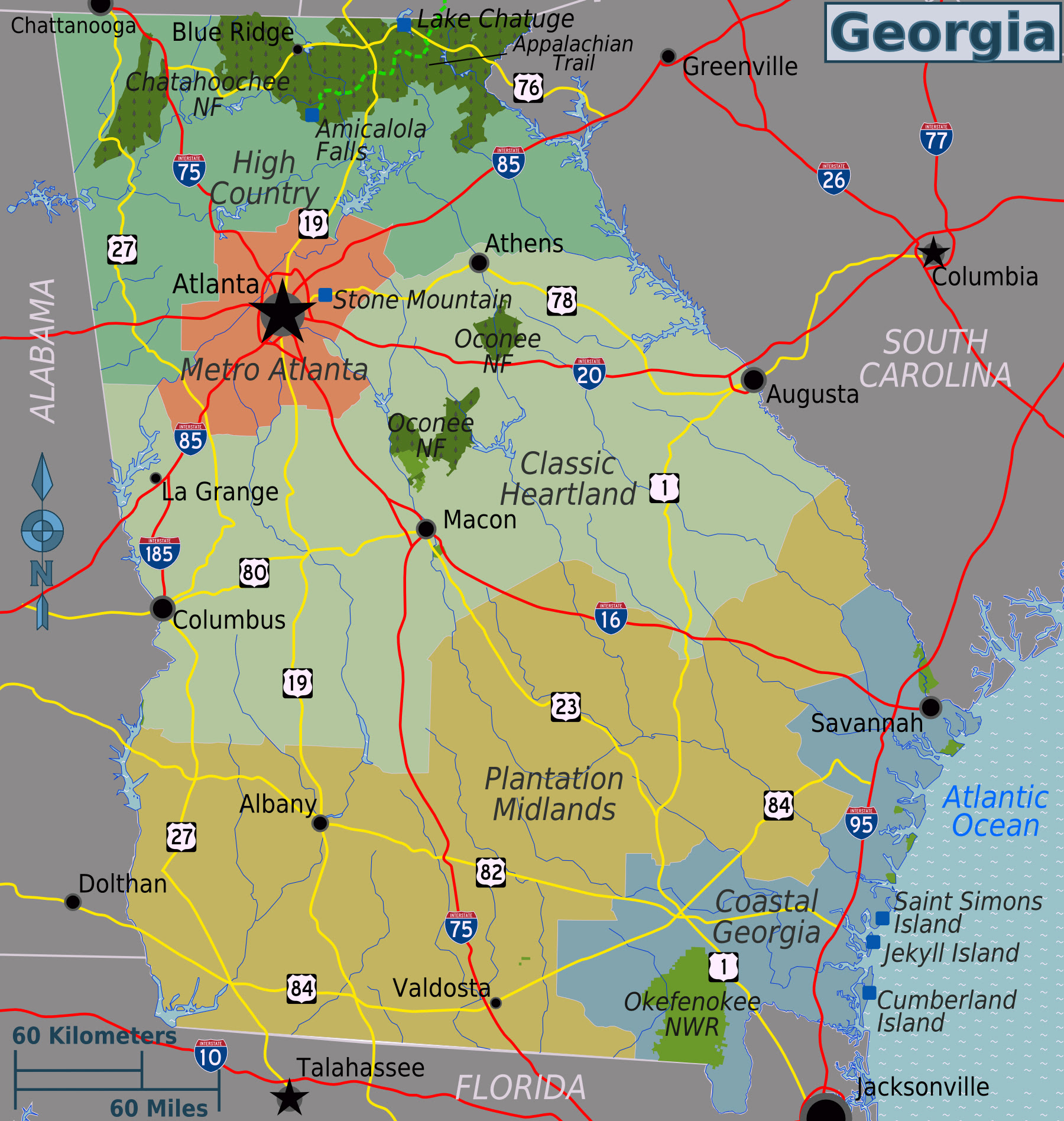 Large regions map of Georgia state. Georgia state large 