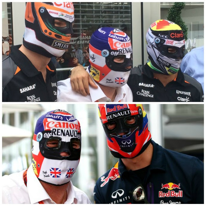Nigel Mansell (de camisa branca) posou de máscara ao lado dos pilotos da Force India e RBR (Foto: Reprodução/Twitter)