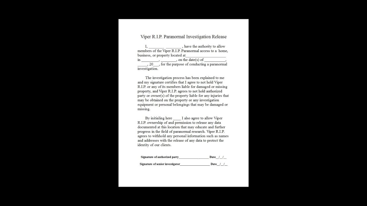 contract release form of (Client A Paranormal Investigation Making Release Form!