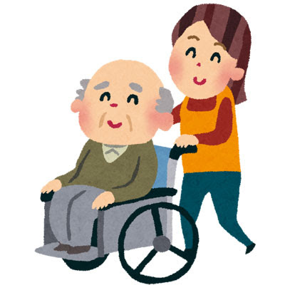 フリー素材 介護士さんに車椅子を押してもらっているおじいさんのイラスト