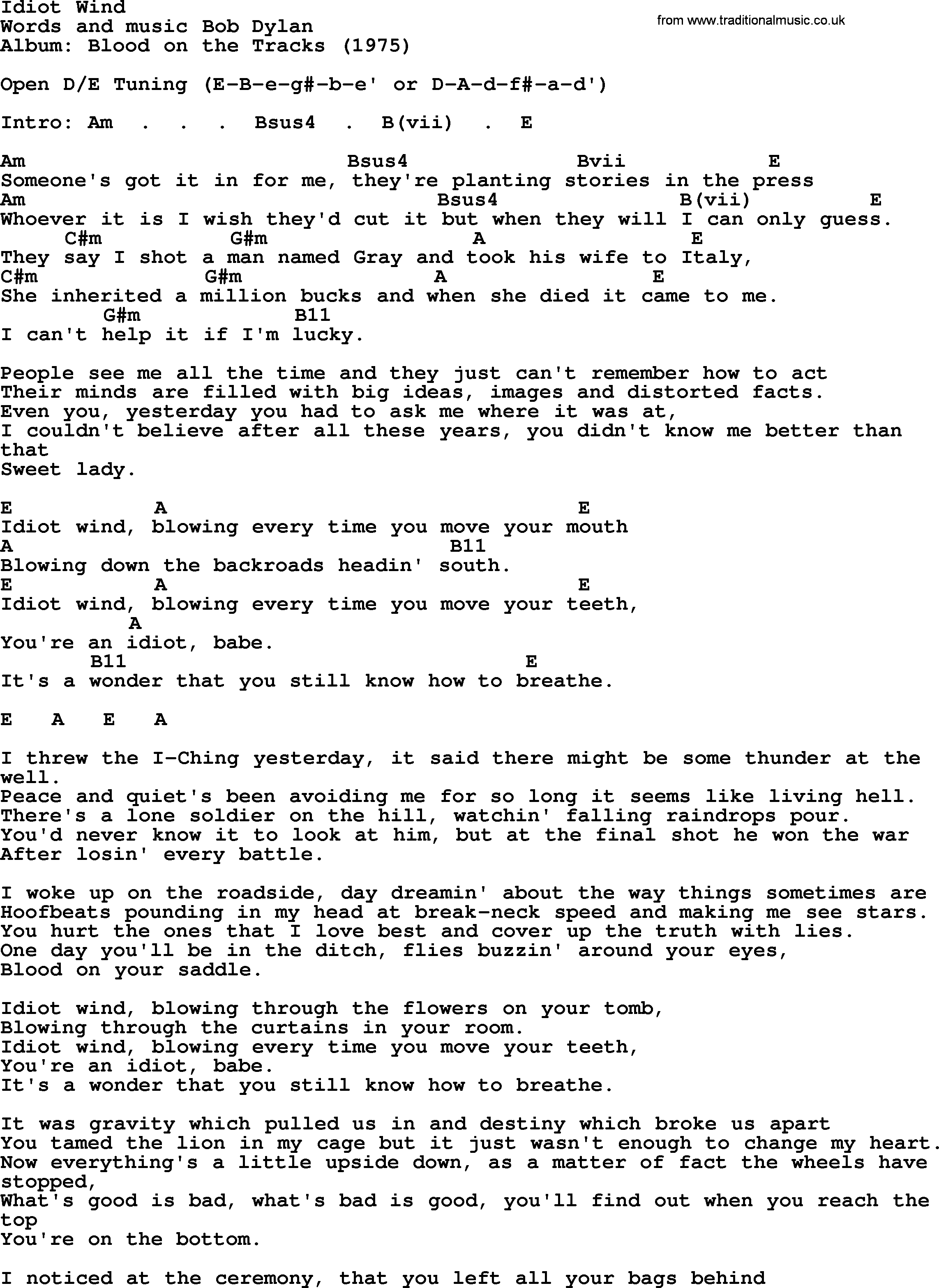 Bob Dylan Song Idiot Wind Lyrics And Chords