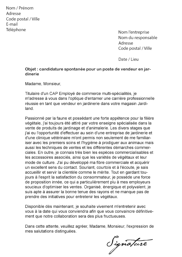 Lettre de motivation Jardiland (Vendeur en jardinerie)