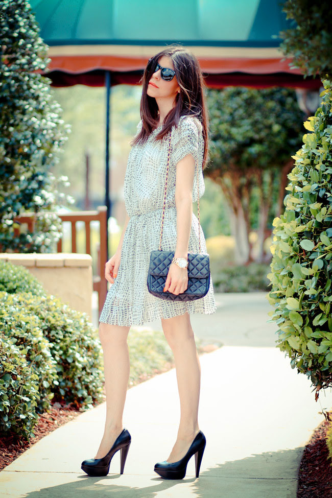 Joie dress, Fashion Outfit, Aldo platform heels, Vintage Chanel bag, Rayban sunglasses