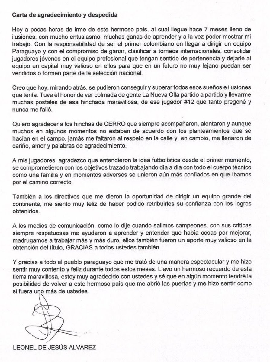 Carta de agradecimiento y despedida de leonel alvarez @falg1080am